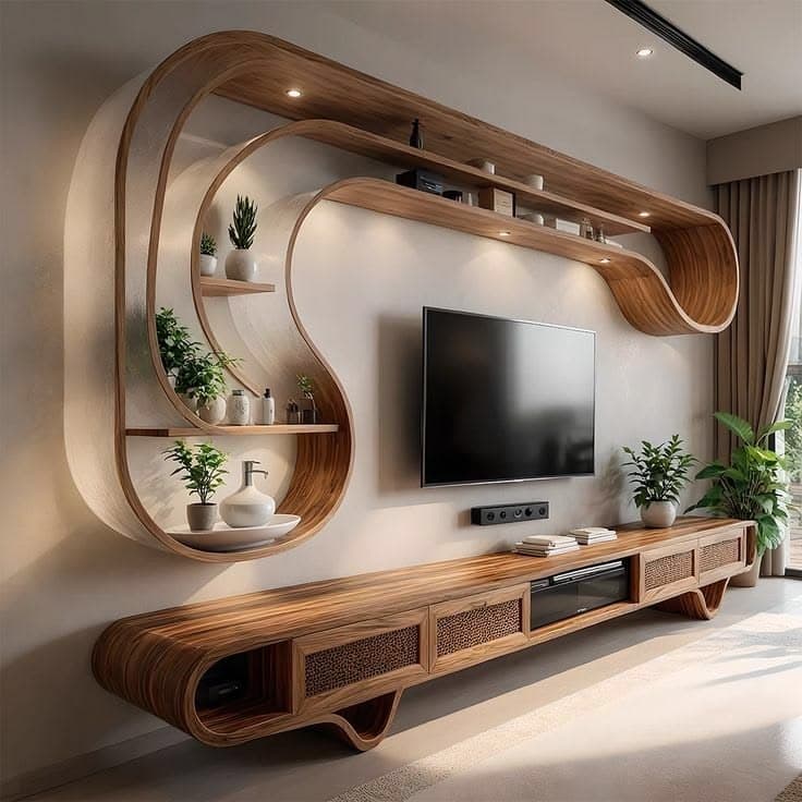 WOODEN CURVE TV UNIT DESIGN 
